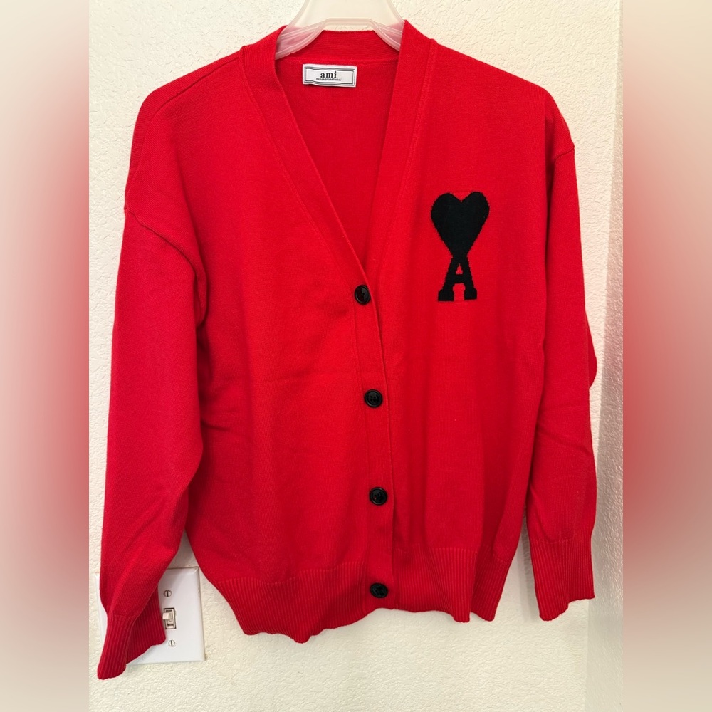 Red Cardigan with Black Heart Logo